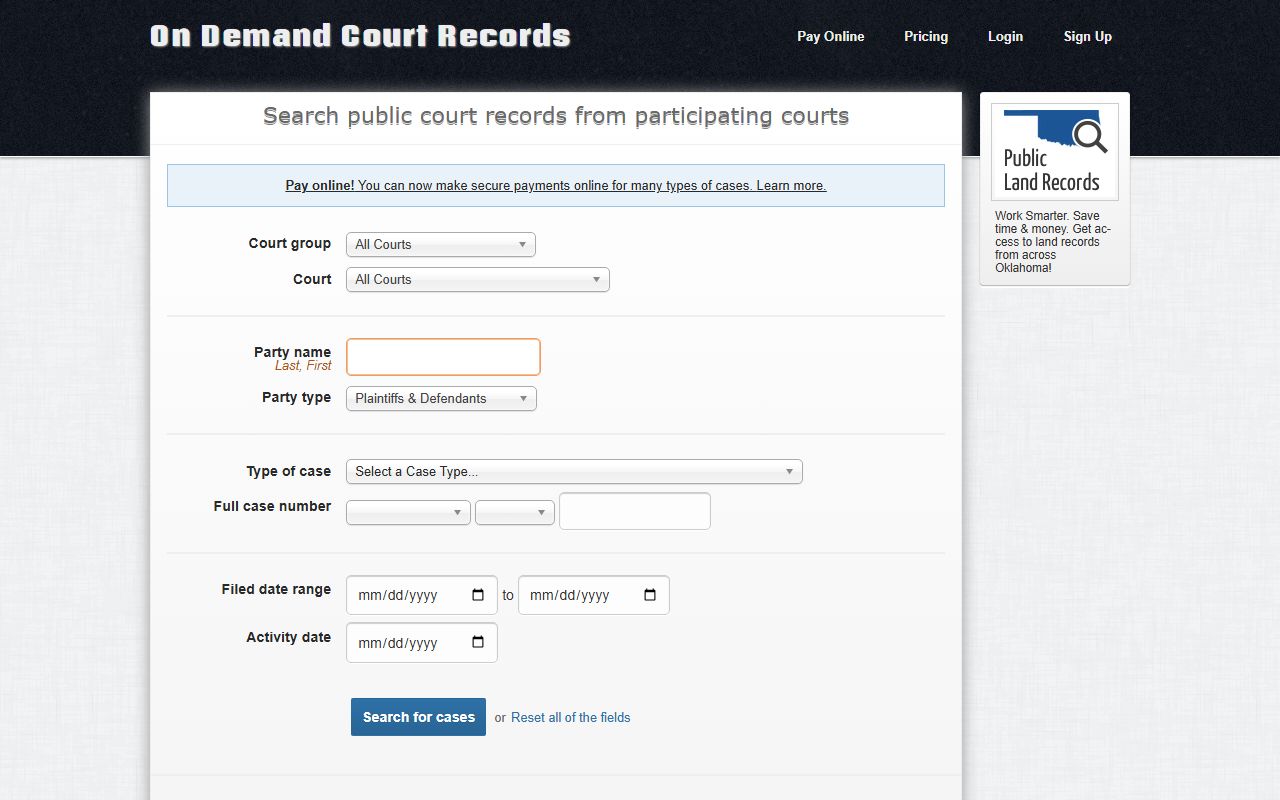 ODCR participating court search with Woodward County option